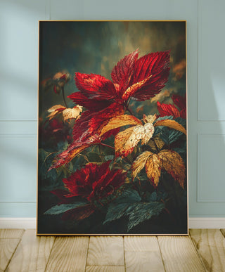 Autumn Leaves Print – Moody Red & Gold Botanical Wall Art - Just Great Posters