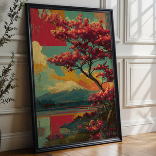 Framed artwork of a colorful landscape with trees and mountains on a wall.