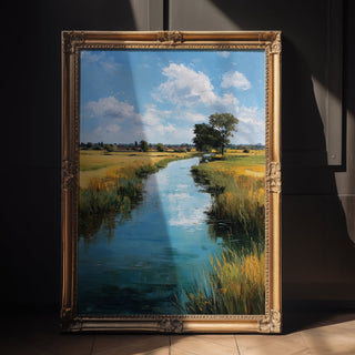 Framed painting of a landscape with a river and sky.