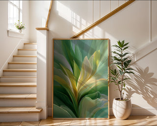 Verdant Light Poster – Abstract Botanical Wall Art in Green and Gold Tones - Just Great Posters