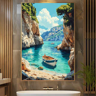 Mediterranean Cove with Boats – Coastal Escape Print - Just Great Posters