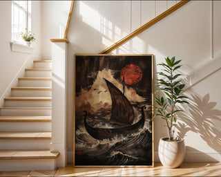 Nordic Voyage – Viking Longboat in Ukiyo‑e Wave - Just Great Posters