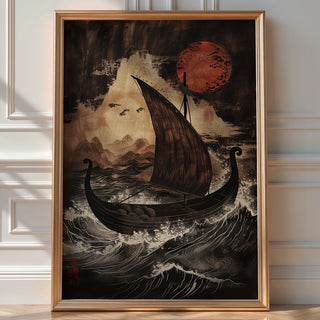 Nordic Voyage – Viking Longboat in Ukiyo‑e Wave - Just Great Posters