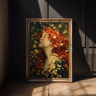 Autumn Muse Oil Painting Print – Romantic Fall Woman Wall Art with Red Hair & Leaves - Just Great Posters
