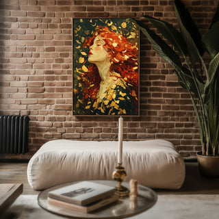 Autumn Muse Oil Painting Print – Romantic Fall Woman Wall Art with Red Hair & Leaves - Just Great Posters