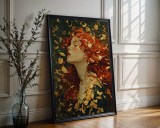 Autumn Muse Oil Painting Print – Romantic Fall Woman Wall Art with Red Hair & Leaves - Just Great Posters
