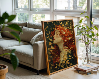 Autumn Muse Oil Painting Print – Romantic Fall Woman Wall Art with Red Hair & Leaves - Just Great Posters