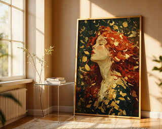 Autumn Muse Oil Painting Print – Romantic Fall Woman Wall Art with Red Hair & Leaves - Just Great Posters