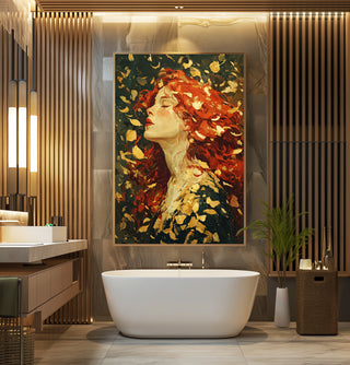 Autumn Muse Oil Painting Print – Romantic Fall Woman Wall Art with Red Hair & Leaves - Just Great Posters