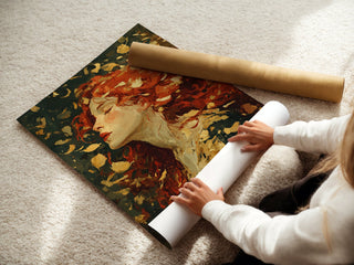 Autumn Muse Oil Painting Print – Romantic Fall Woman Wall Art with Red Hair & Leaves - Just Great Posters