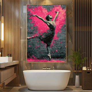 Bathroom interior with a large abstract painting of a dancer on the wall.