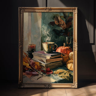 Framed painting of a still life with books, a cup, and pumpkins on a dark wall.