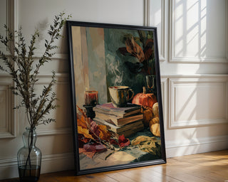 Autumn Reading Nook Poster – Cozy Books & Pumpkin Still Life - Just Great Posters