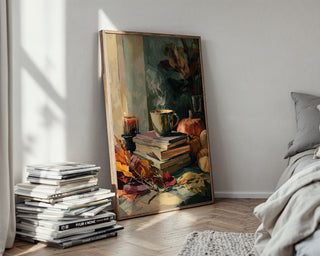 Autumn Reading Nook Poster – Cozy Books & Pumpkin Still Life - Just Great Posters