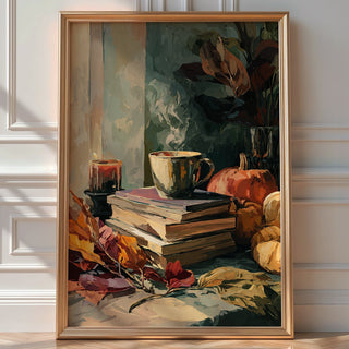 Autumn Reading Nook Poster – Cozy Books & Pumpkin Still Life - Just Great Posters