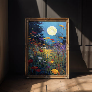 Moonlight Over Wildflowers – Dreamy Night Meadow Wall Art Print - Just Great Posters