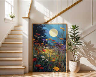 Moonlight Over Wildflowers – Dreamy Night Meadow Wall Art Print - Just Great Posters