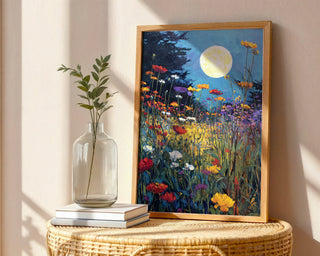 Moonlight Over Wildflowers – Dreamy Night Meadow Wall Art Print - Just Great Posters