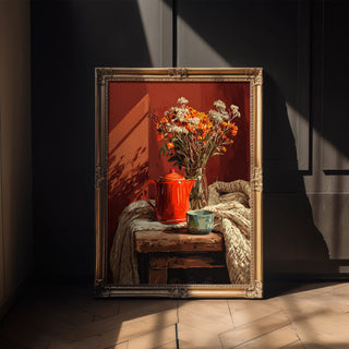 Cozy Teapot & Flowers Poster – Warm Autumn Still Life - Just Great Posters