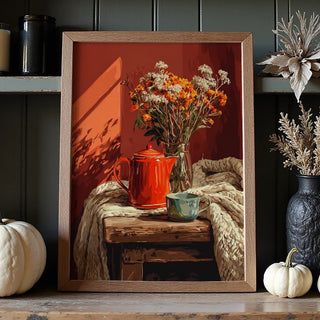 Decorative setup with a framed picture, pumpkins, and vases on a wooden surface.