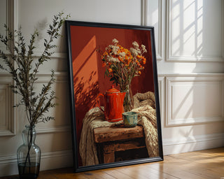 Cozy Teapot & Flowers Poster – Warm Autumn Still Life - Just Great Posters