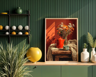 Cozy Teapot & Flowers Poster – Warm Autumn Still Life - Just Great Posters