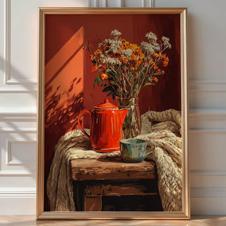 Cozy Teapot & Flowers Poster – Warm Autumn Still Life - Just Great Posters