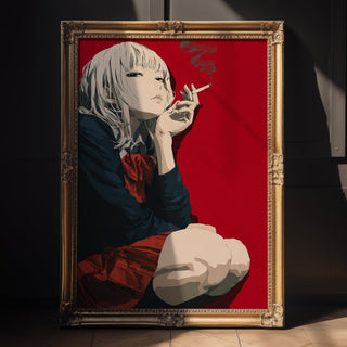 Smoking Anime Girl – Bold Red Background Manga‑Style Art Print - Just Great Posters