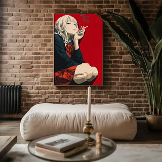 Smoking Anime Girl – Bold Red Background Manga‑Style Art Print - Just Great Posters