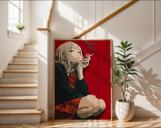 Smoking Anime Girl – Bold Red Background Manga‑Style Art Print - Just Great Posters