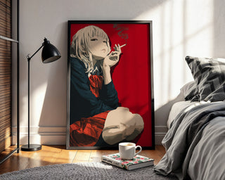 Smoking Anime Girl – Bold Red Background Manga‑Style Art Print - Just Great Posters