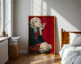 Smoking Anime Girl – Bold Red Background Manga‑Style Art Print - Just Great Posters