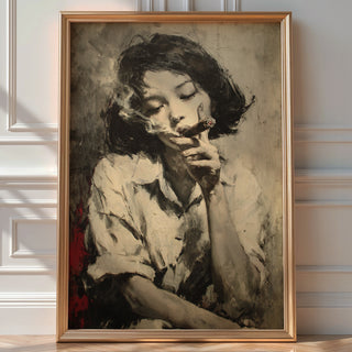 Girl with Cigar Poster Print - Moody Monochrome Portrait Art Print - Just Great Posters