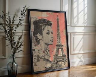 Paris Collage Art Print – Vintage French Poster with Eiffel Tower & Retro Woman - Just Great Posters