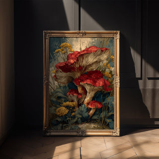 Wild Red Mushroom Print – Autumn Botanical Poster with Woodland Fungi & Flowers - Just Great Posters