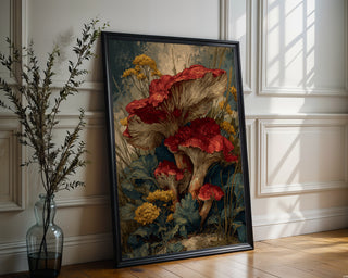 Wild Red Mushroom Print – Autumn Botanical Poster with Woodland Fungi & Flowers - Just Great Posters