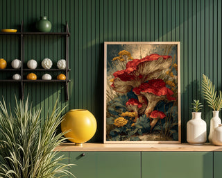 Wild Red Mushroom Print – Autumn Botanical Poster with Woodland Fungi & Flowers - Just Great Posters
