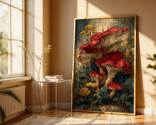 Wild Red Mushroom Print – Autumn Botanical Poster with Woodland Fungi & Flowers - Just Great Posters