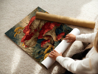 Wild Red Mushroom Print – Autumn Botanical Poster with Woodland Fungi & Flowers - Just Great Posters