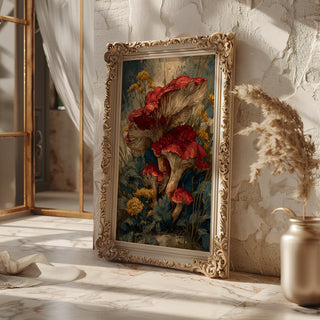 Wild Red Mushroom Print – Autumn Botanical Poster with Woodland Fungi & Flowers - Just Great Posters