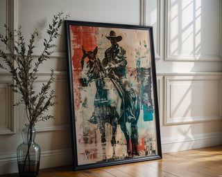 Cowboy Art Print – Western Wall Decor with Horse & Rider in Vintage Pop Style - Just Great Posters