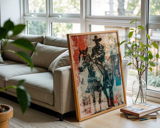 Cowboy Art Print – Western Wall Decor with Horse & Rider in Vintage Pop Style - Just Great Posters