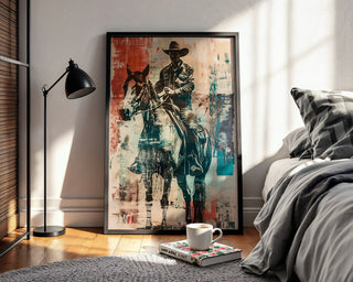 Cowboy Art Print – Western Wall Decor with Horse & Rider in Vintage Pop Style - Just Great Posters