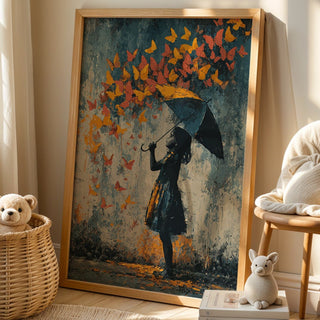 Framed artwork of a person with an umbrella and butterflies in a room with a teddy bear and decorative items.