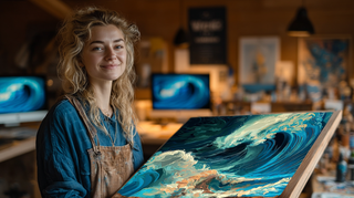 Smiling artist holding ocean wave painting in studio
