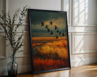Golden Field with Crows – Dramatic Autumn Landscape Poster in Moody Tones - Just Great Posters