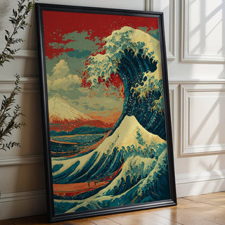 Framed artwork of a wave in a room with a vase and plant