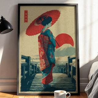 Framed artwork of a geisha with a red umbrella in a bedroom setting.