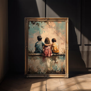 Sunset Playground Friendship Print – Whimsical Kids Sitting Poster - Just Great Posters