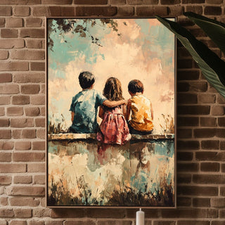 Sunset Playground Friendship Print – Whimsical Kids Sitting Poster - Just Great Posters